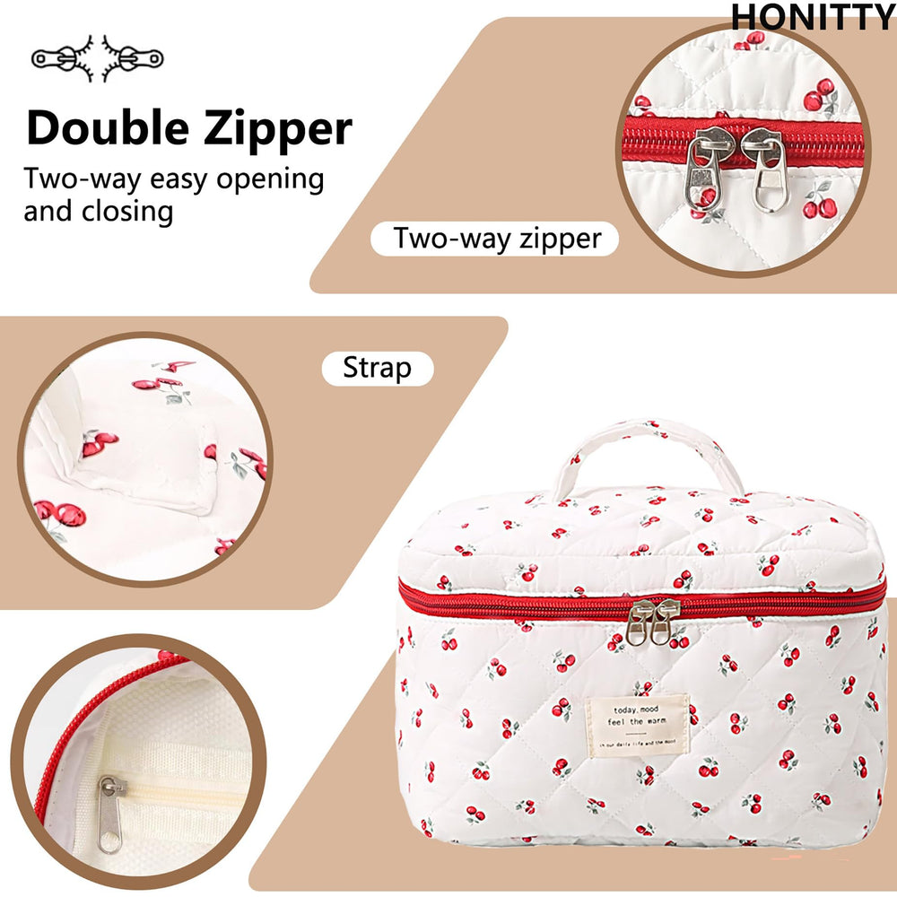 Honitty floral makeup bag zipper detail, durable and smooth for daily use.