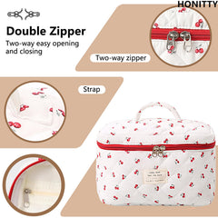 Honitty floral makeup bag zipper detail, durable and smooth for daily use.