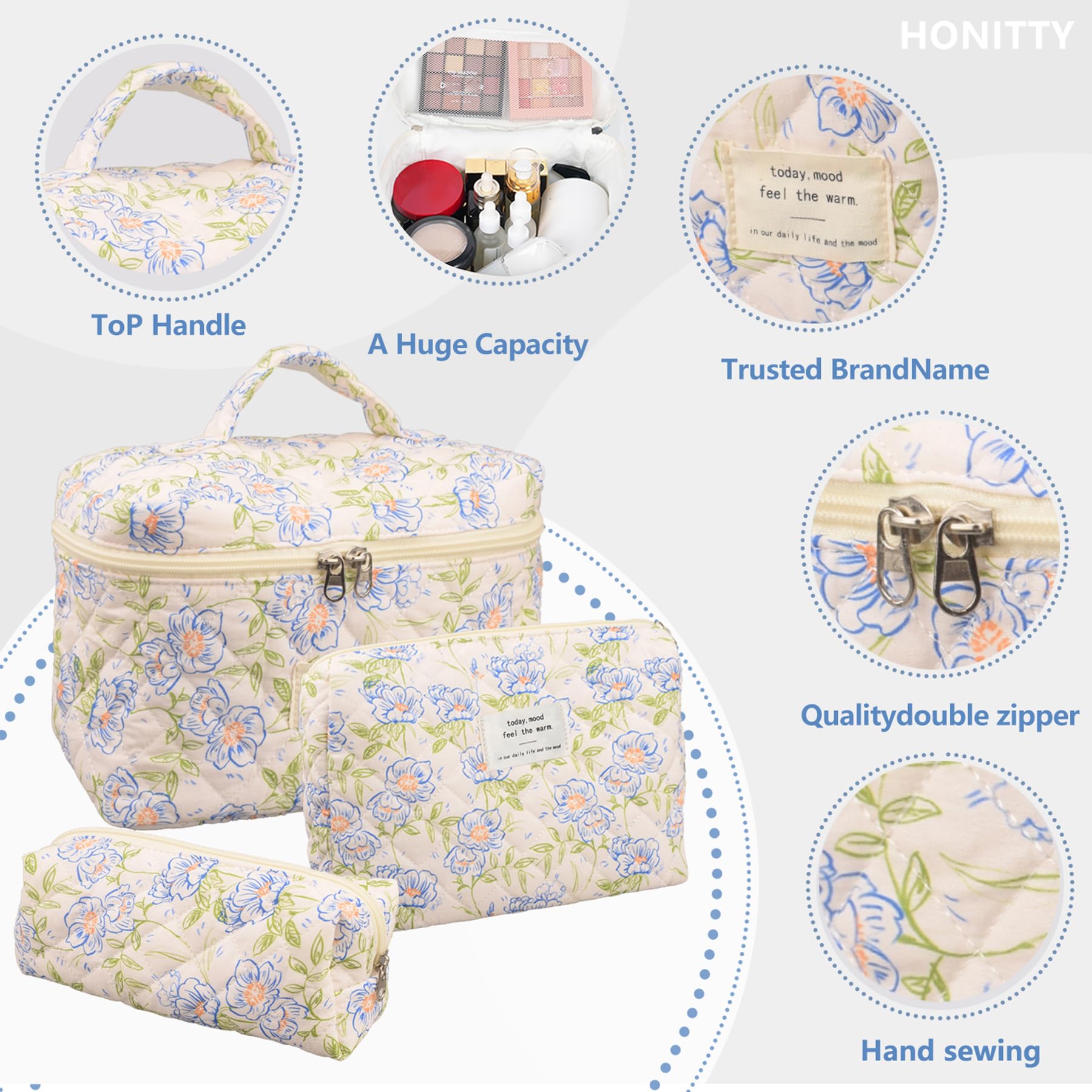 Honitty floral-pattern makeup pouch offers easy access to essentials during trips.