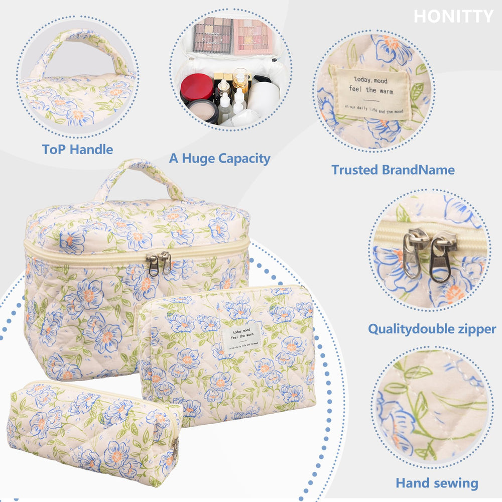 Honitty floral-pattern makeup pouch offers easy access to essentials during trips.