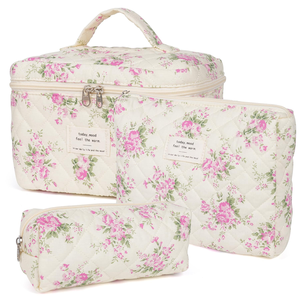 Honitty floral quilted makeup bag large outer view shows roomy cosmetics storage