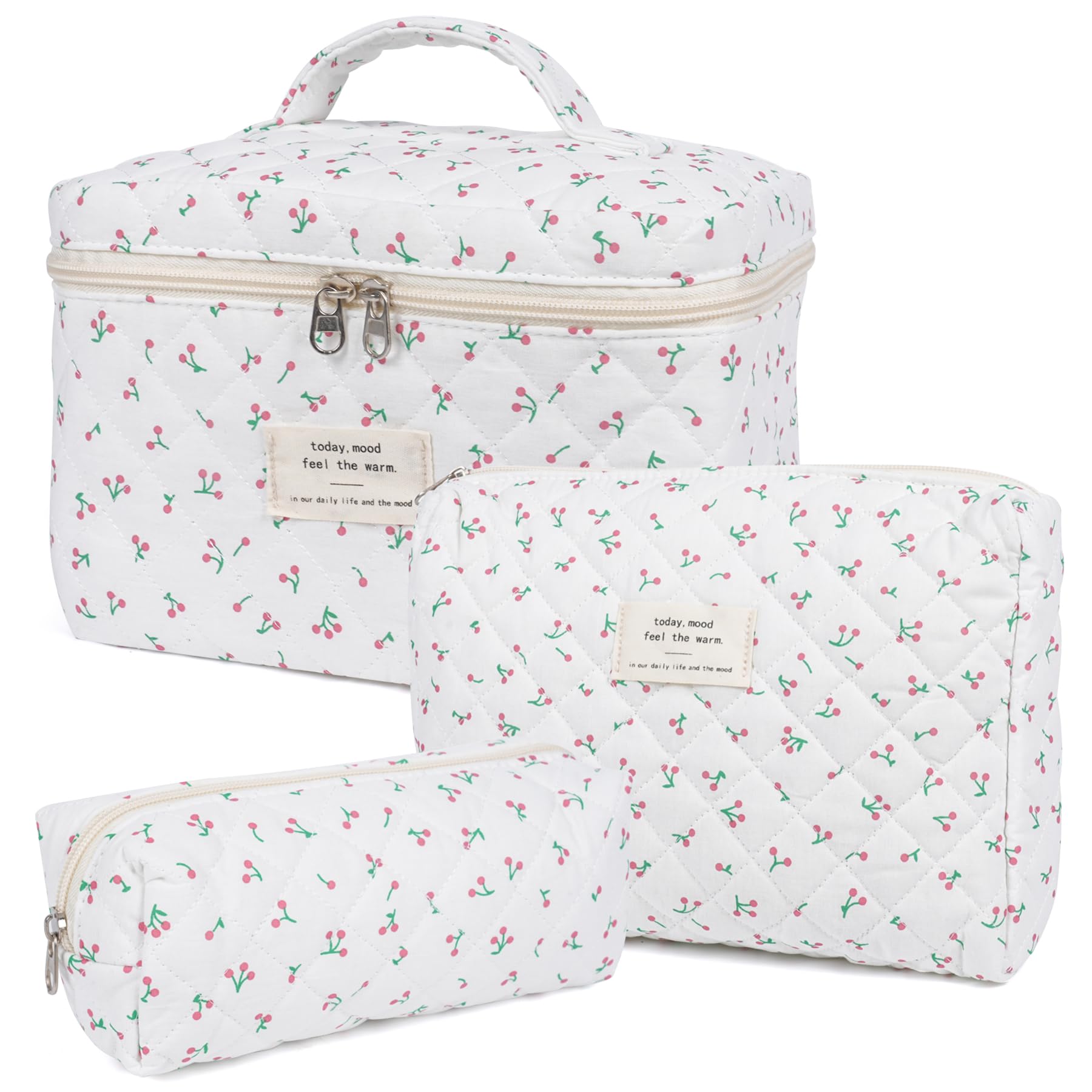 Honitty floral quilted makeup bag set with large rose pattern for organized travel.