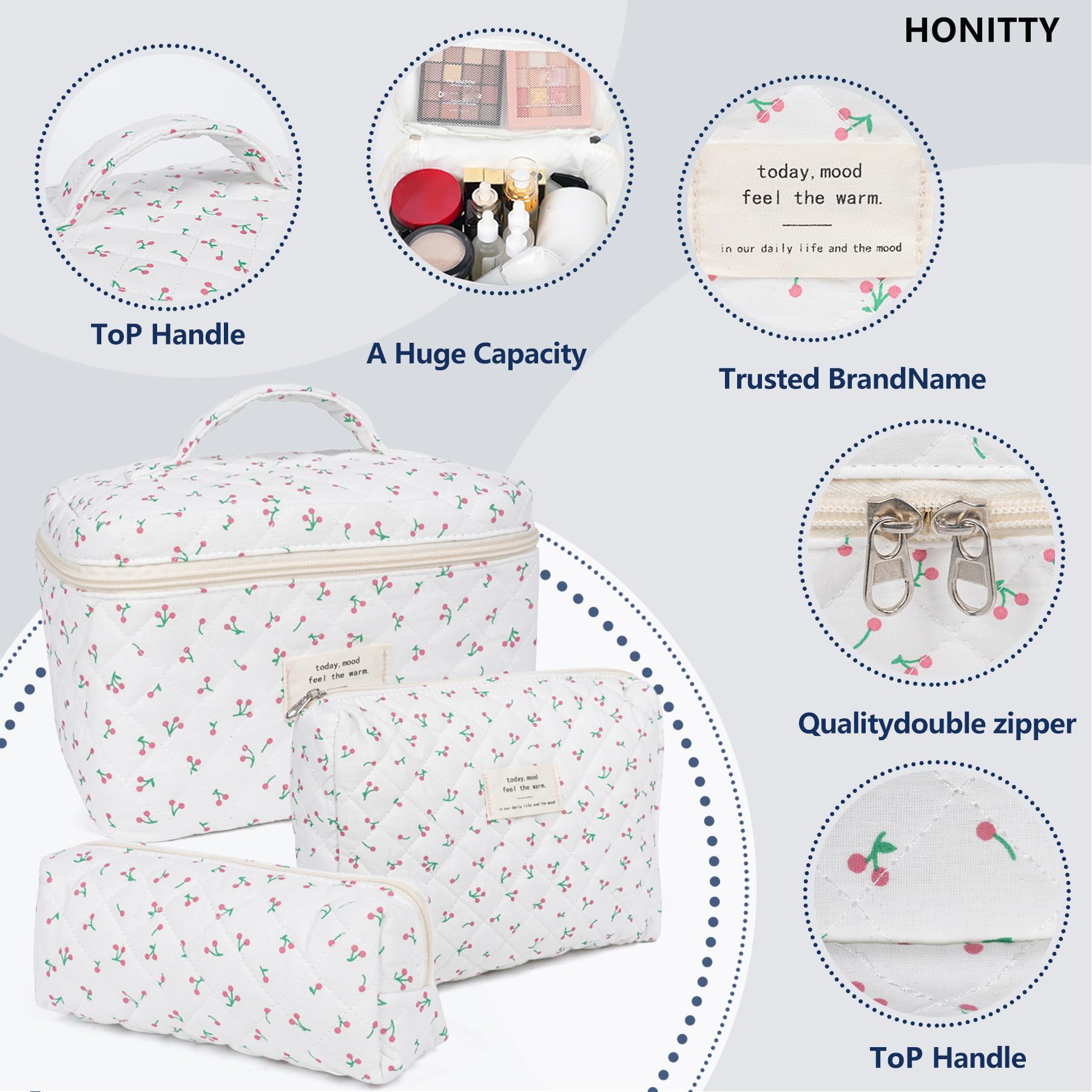 Honitty lightweight foldable cotton makeup bag for compact packing in suitcase.
