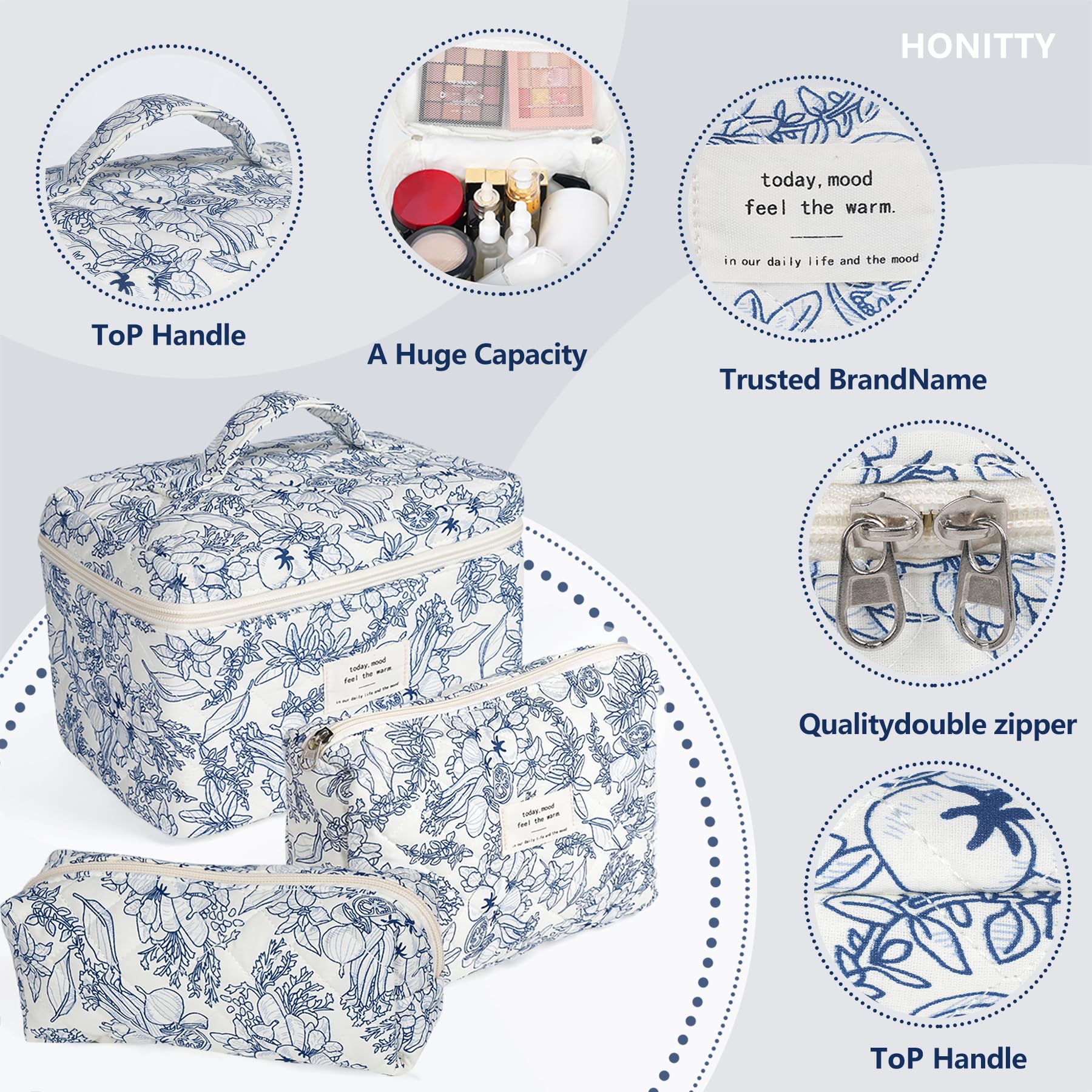 Honitty makeup bag 3-piece set flat lay demonstrates versatile sizes for cosmetics