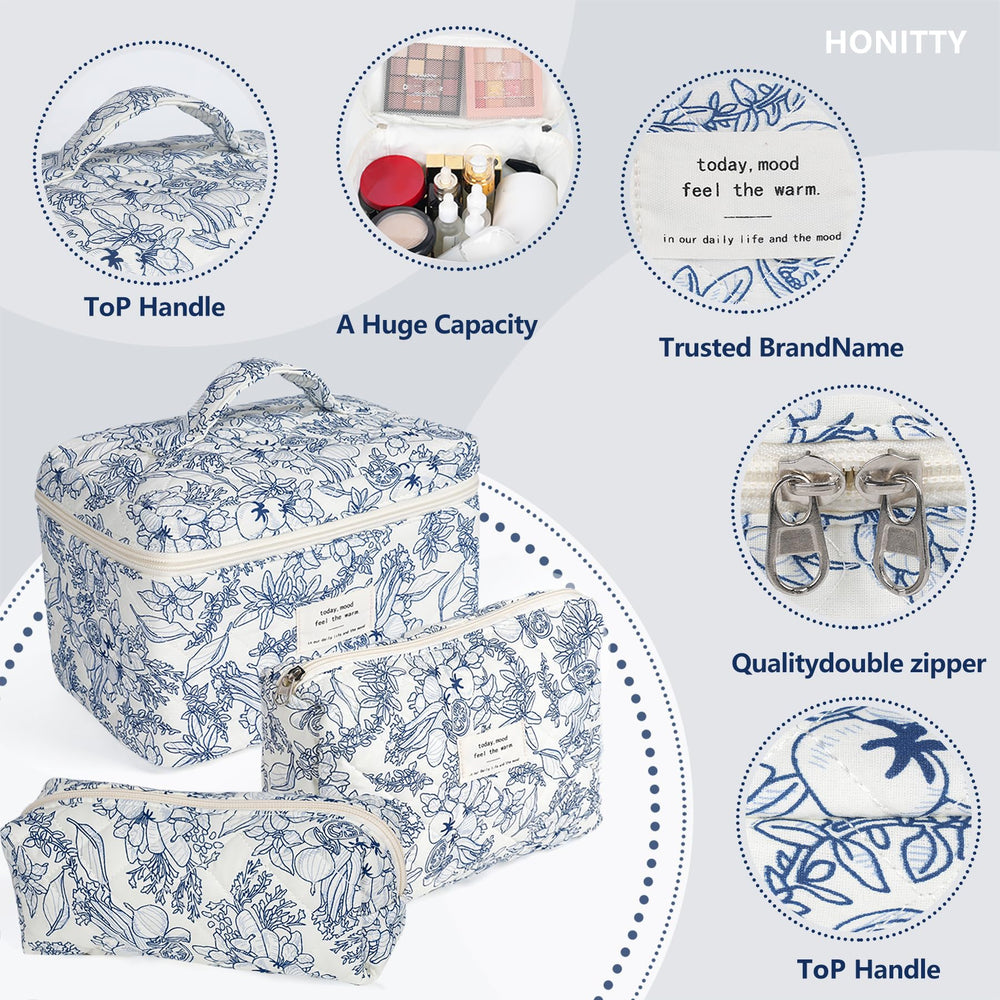 Honitty makeup bag 3-piece set flat lay demonstrates versatile sizes for cosmetics