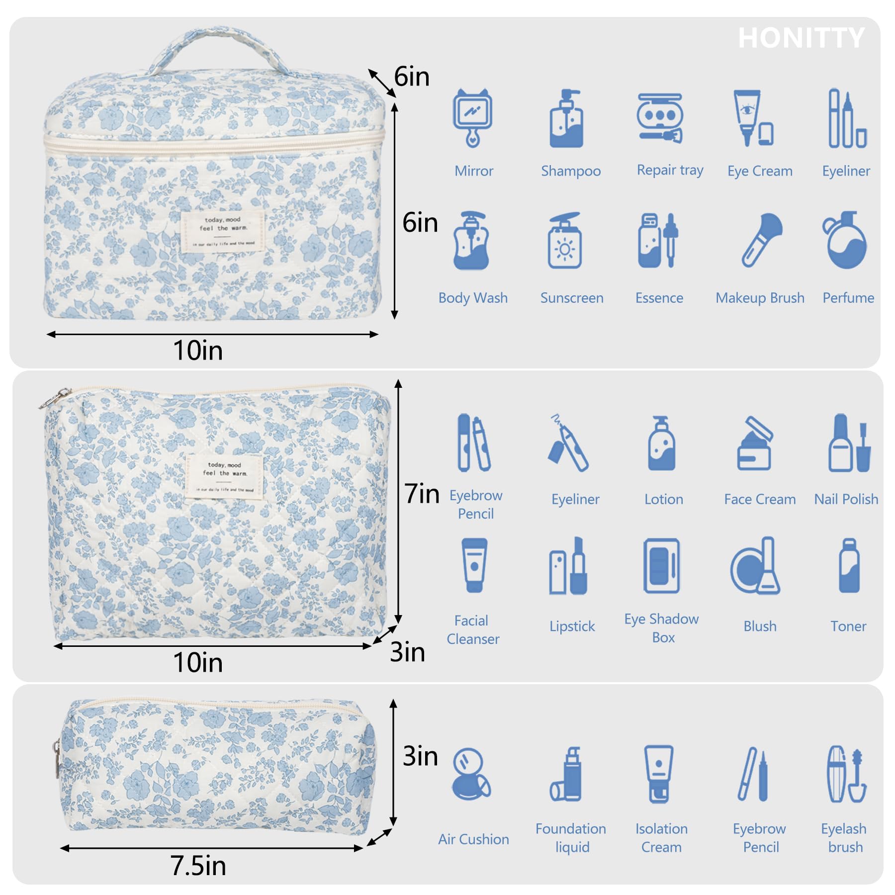 Honitty makeup bag set with three sizes arranged for separating skincare and cosmetics