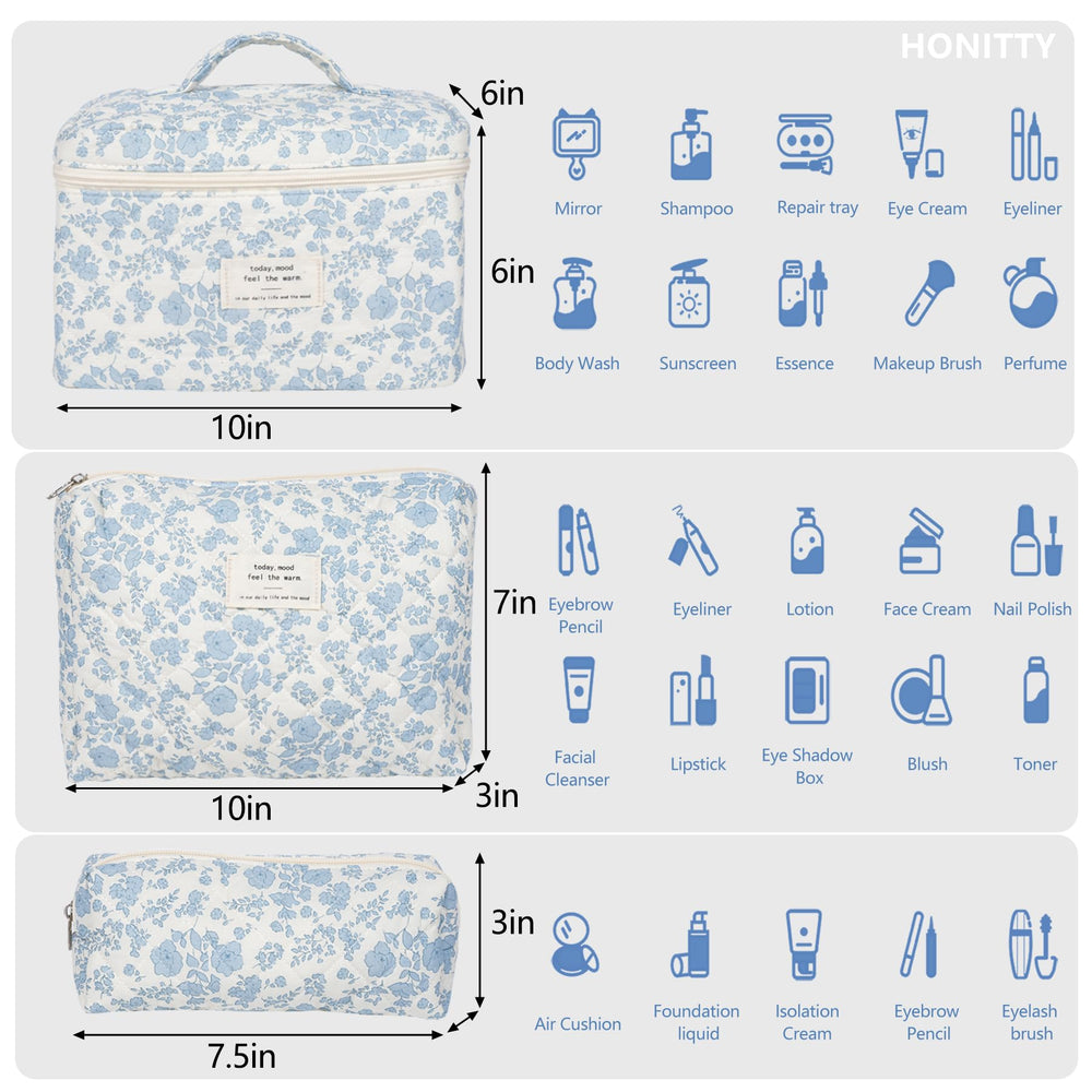 Honitty makeup bag set with three sizes arranged for separating skincare and cosmetics