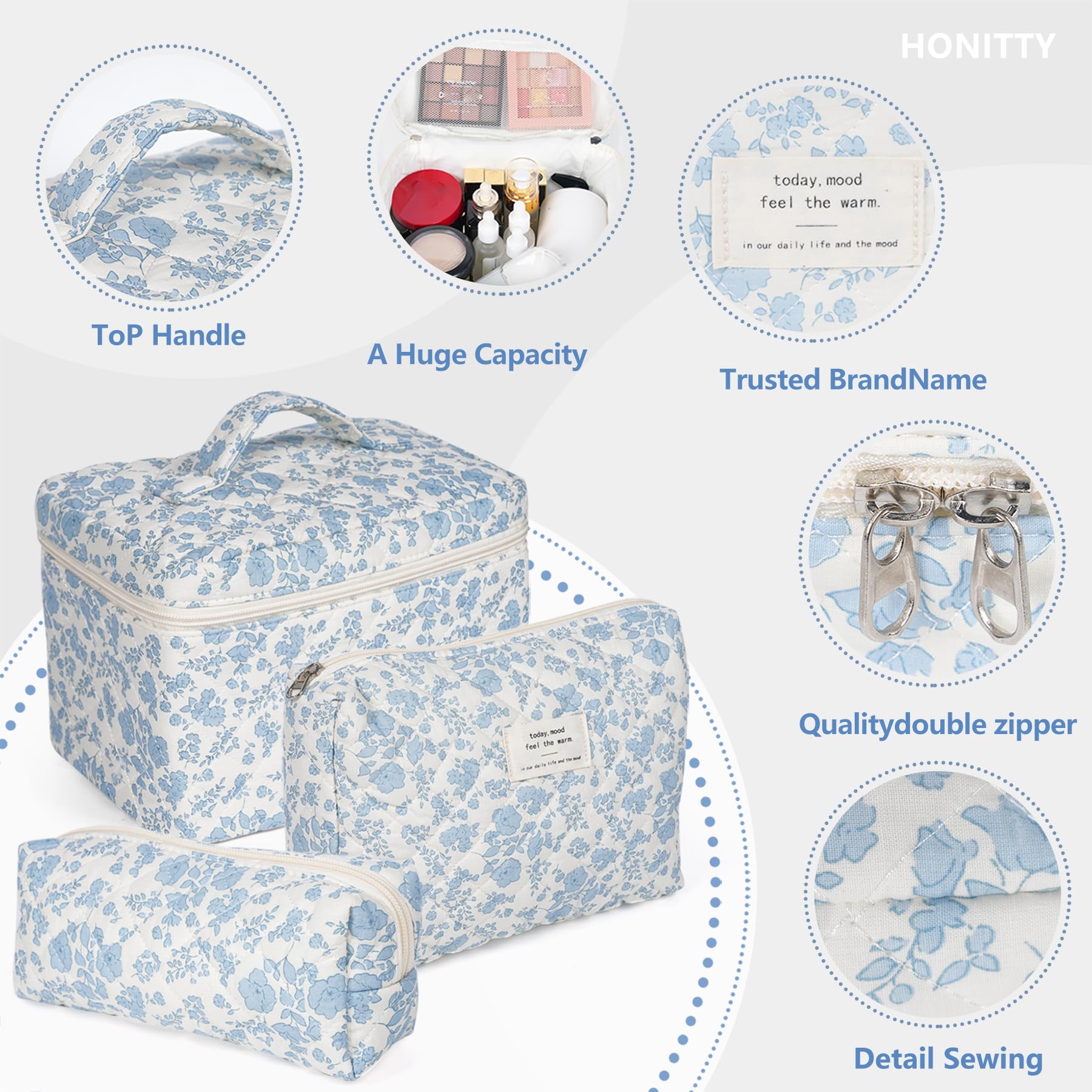 Soft cotton quilted Honitty bag captured in a travel-ready layout