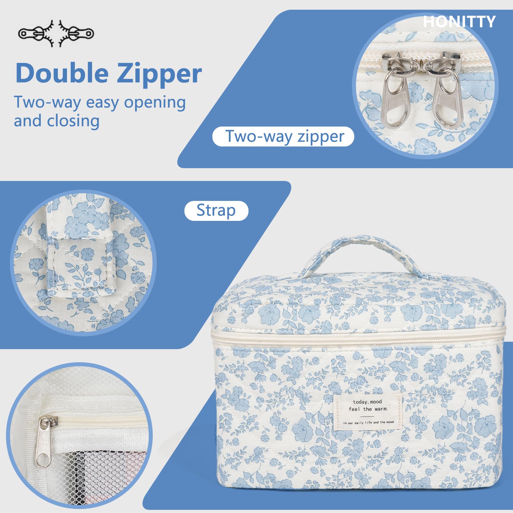Durable upgraded zipper on the Honitty floral quilted bag in focus
