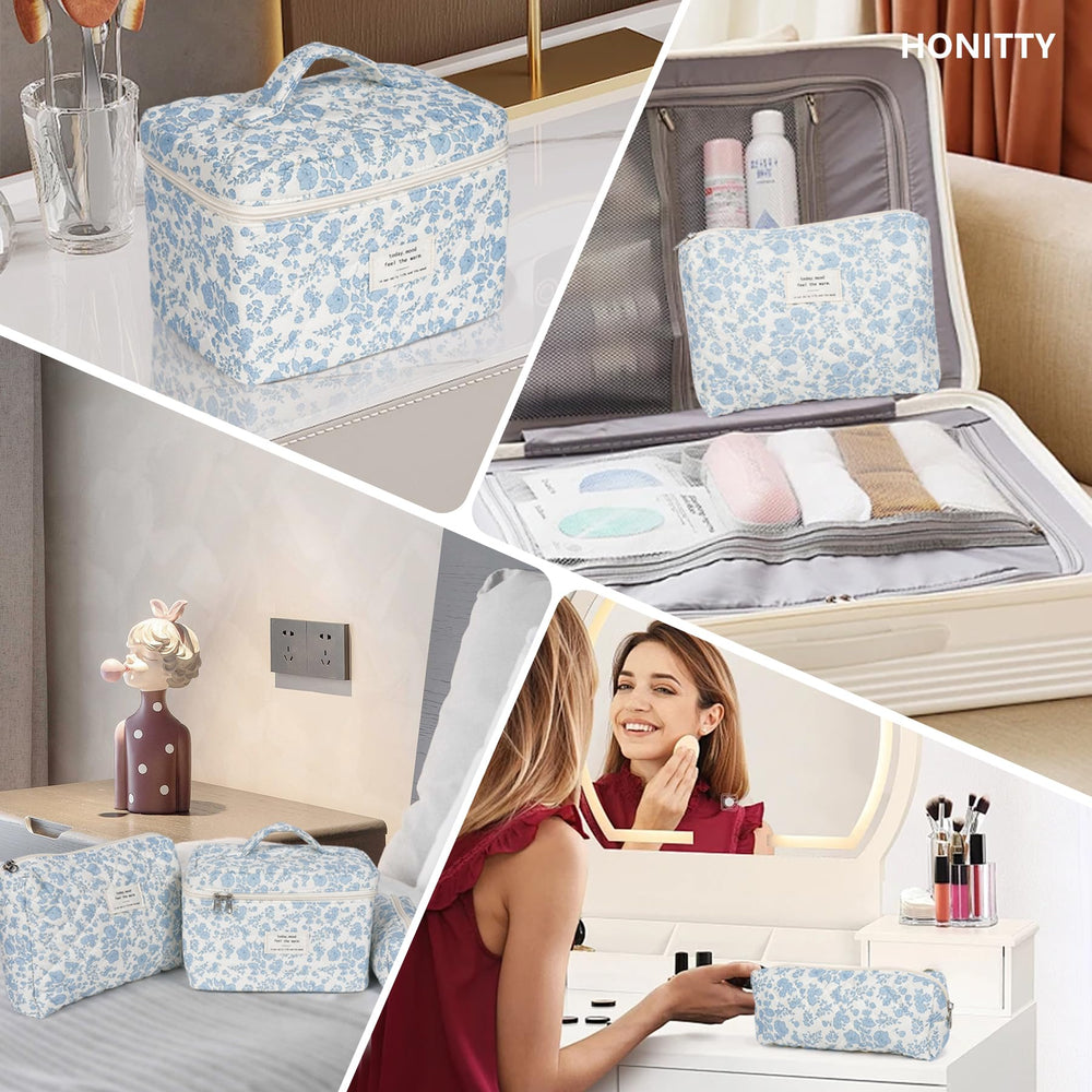 Stylish floral Honitty makeup bag on a suitcase for weekend getaway