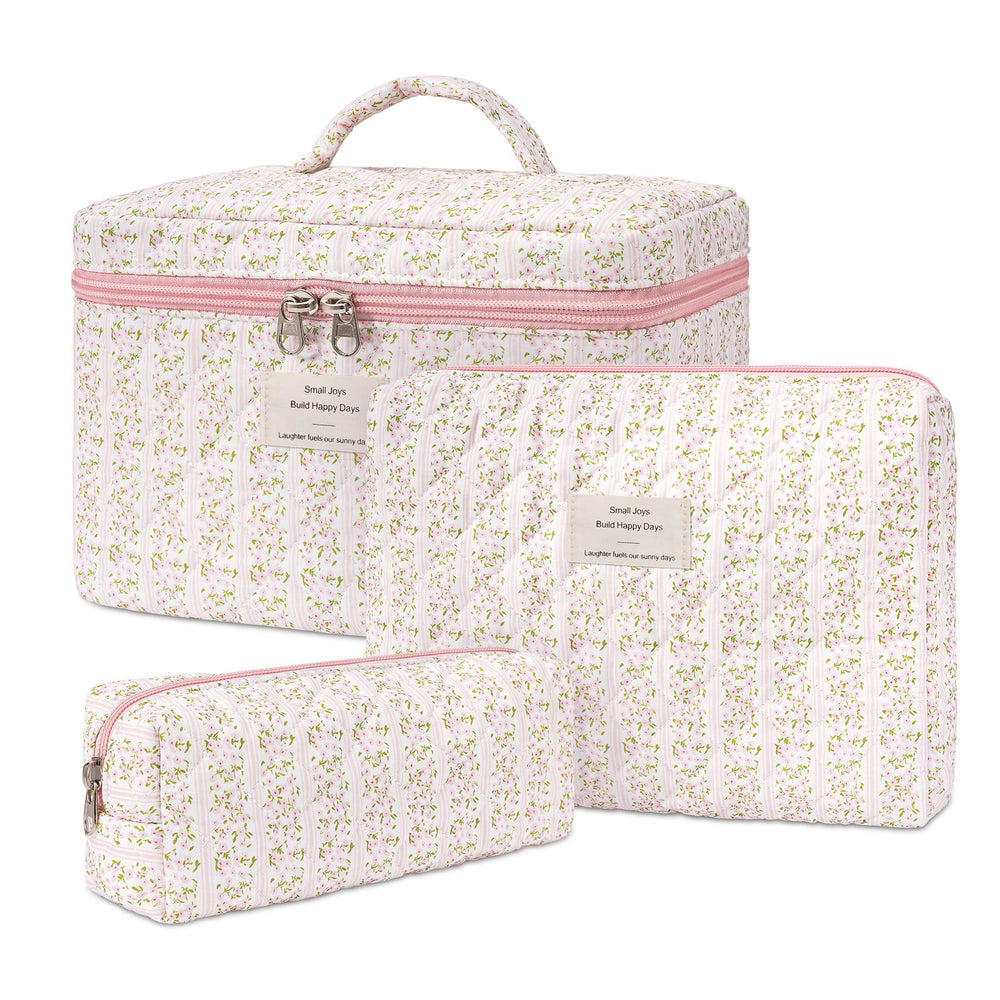 Honitty makeup bag with floral quilted front, ideal for travel organization.