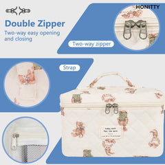 Honitty makeup bag interior with compartments keeps cosmetics and skincare items organized.