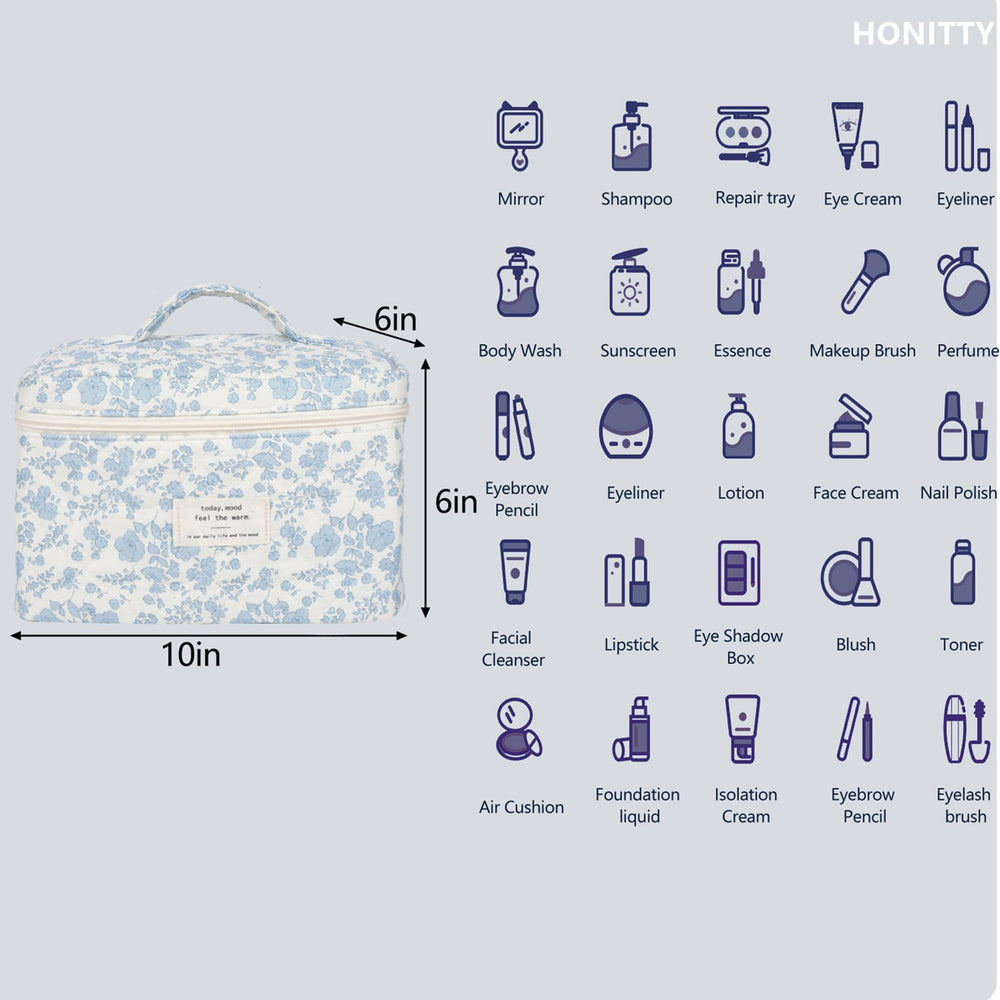 Honitty makeup bag lid compartment separates items for easy access and organization.