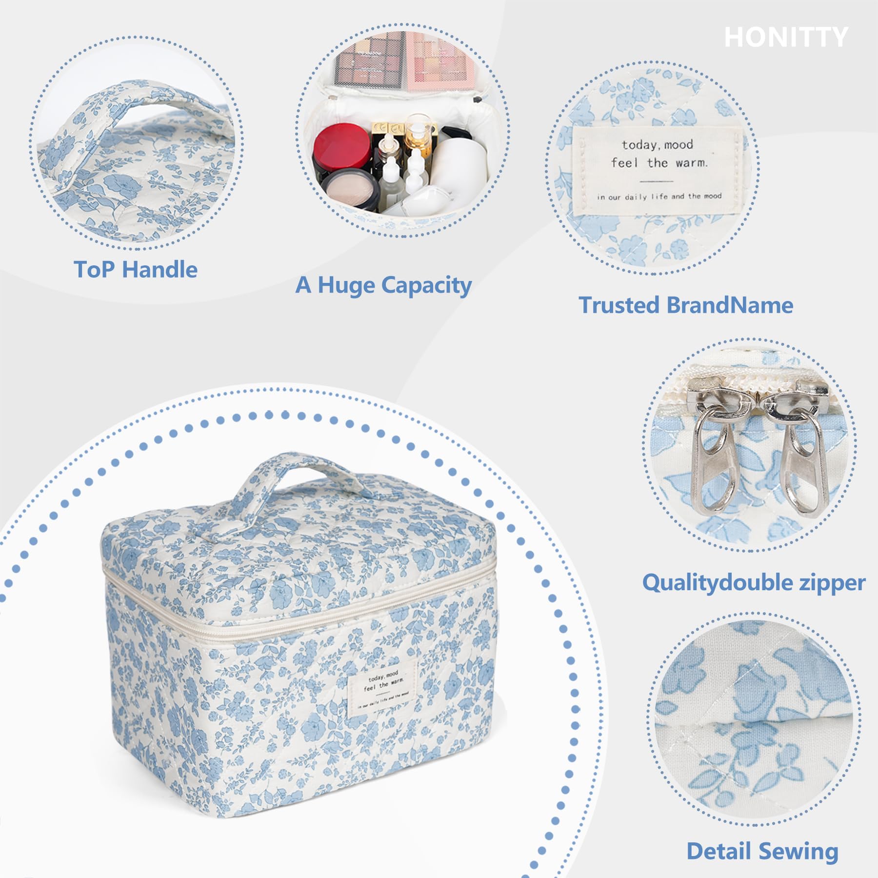 Honitty makeup bag features a mesh section for quick visibility and reduced item mixing.