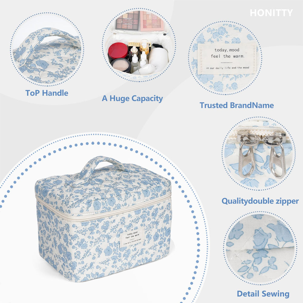 Honitty makeup bag features a mesh section for quick visibility and reduced item mixing.