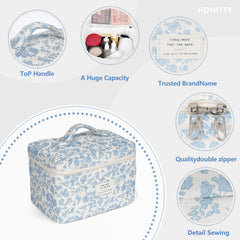 Honitty makeup bag features a mesh section for quick visibility and reduced item mixing.