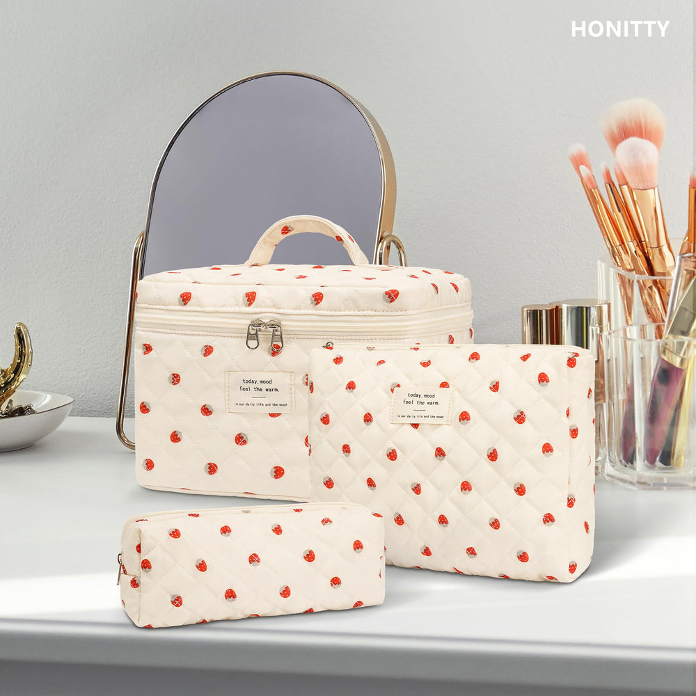 Honitty floral bag for storing skincare, brushes, and small electronics.