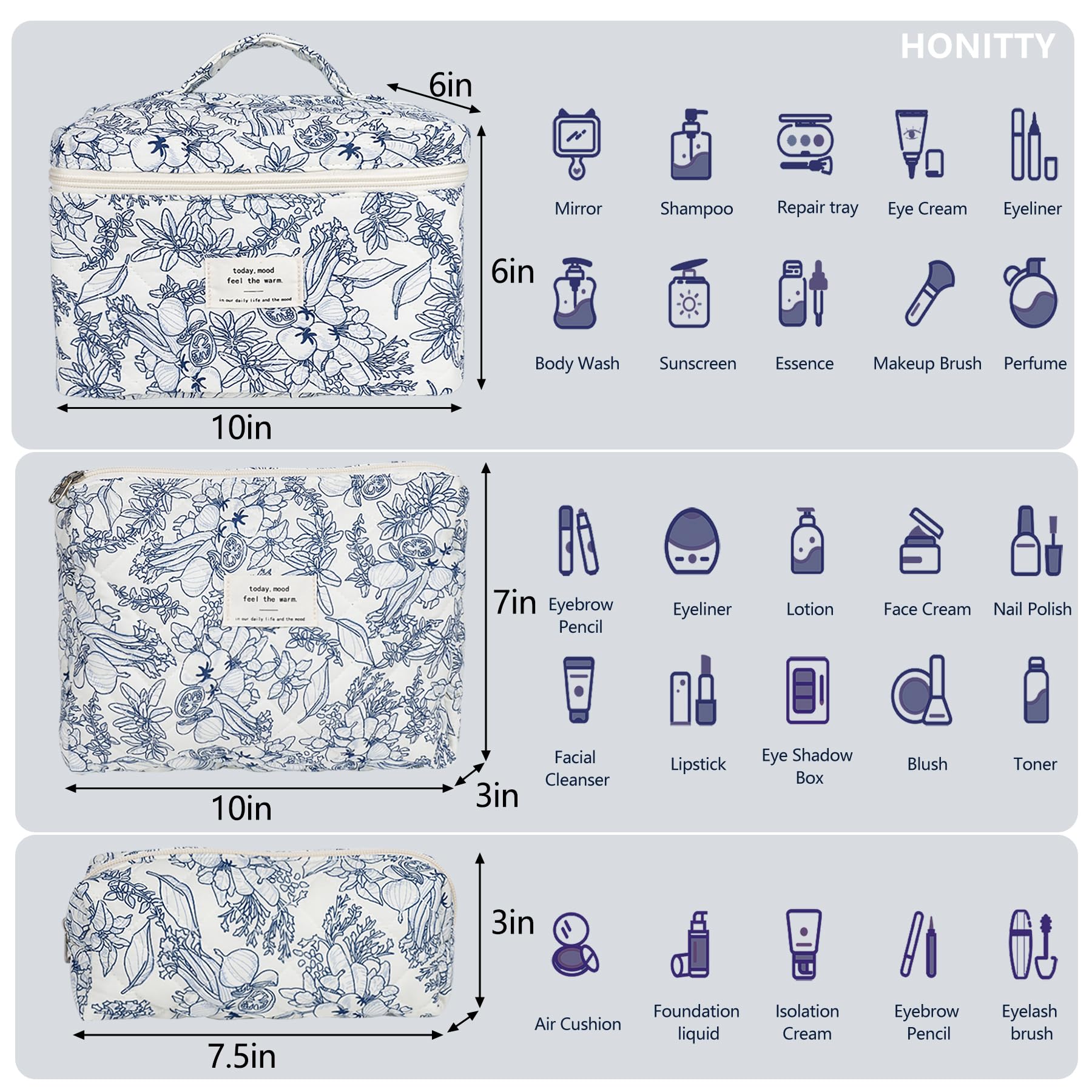 Honitty makeup bag quilted floral side view showing soft fabric and portability