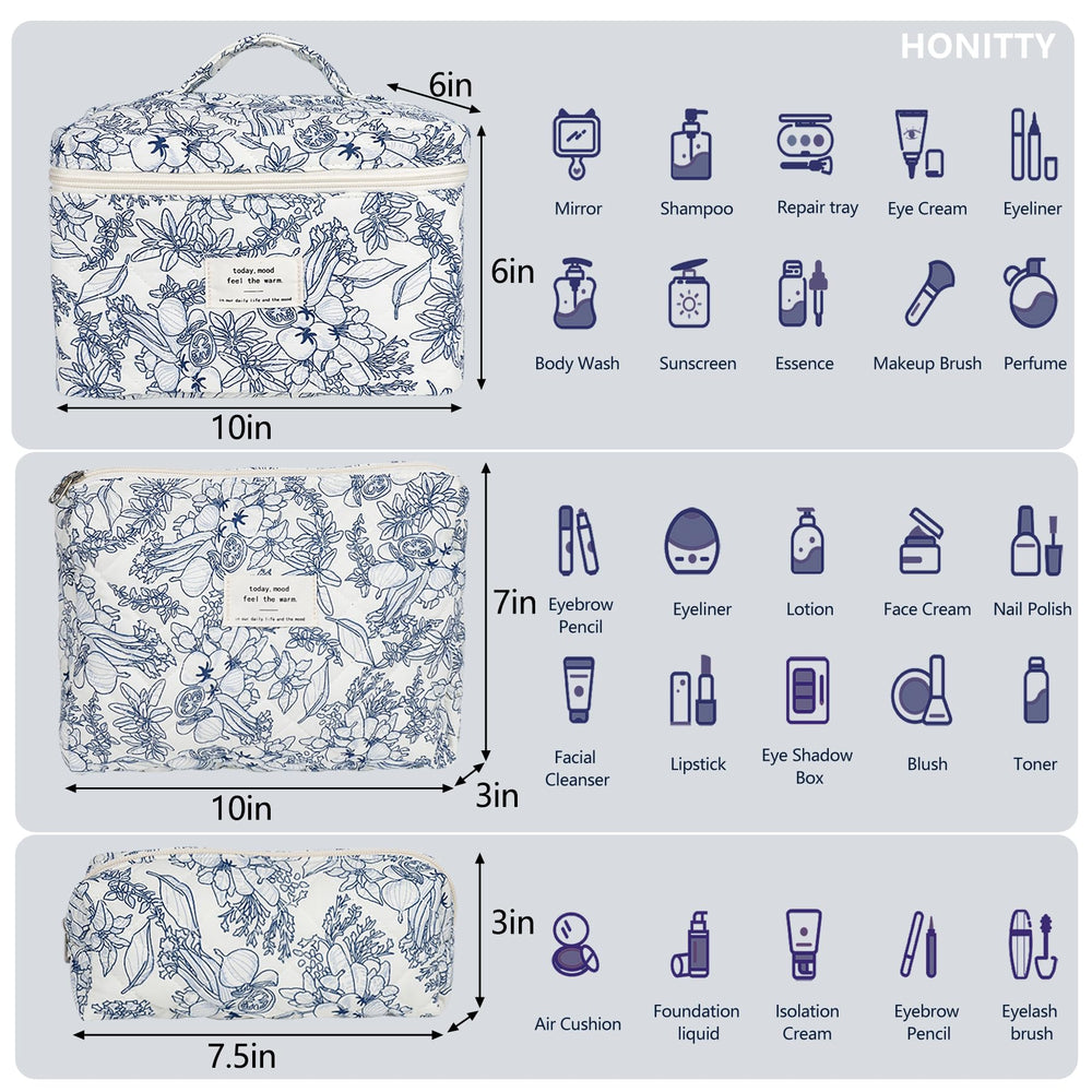 Honitty makeup bag quilted floral side view showing soft fabric and portability