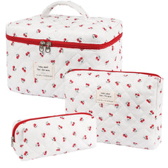Honitty makeup bag set with floral pattern, left view, keeps cosmetics organized on the go.