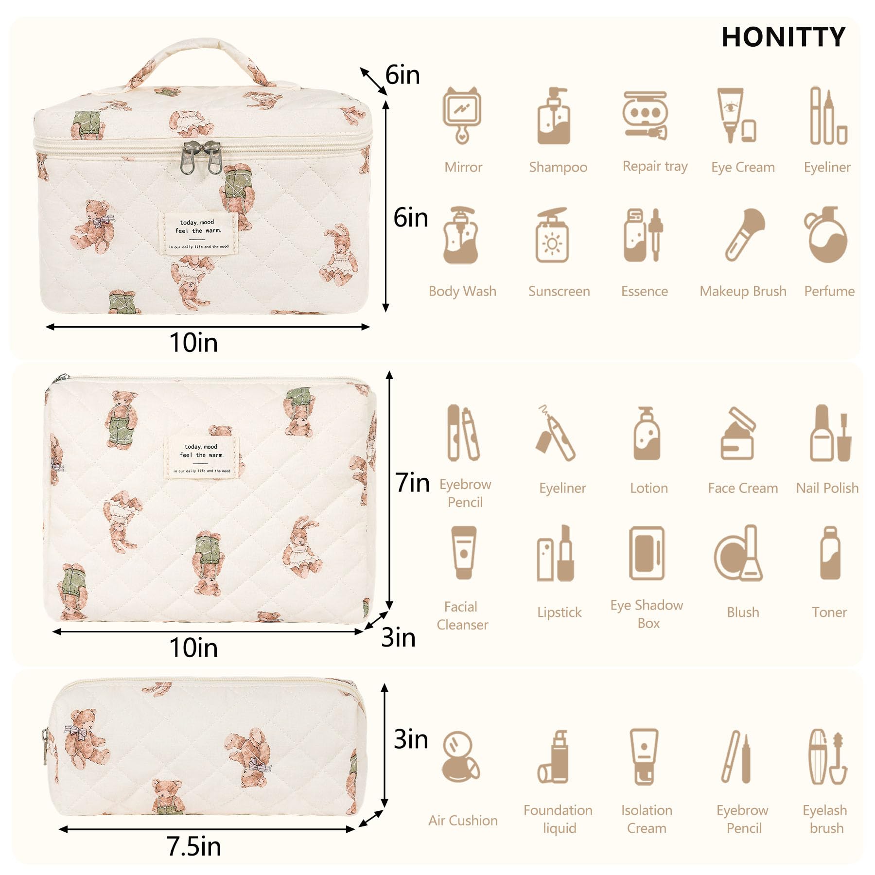 Honitty three piece makeup bag set demonstrates versatile sizes for cosmetics and toiletries on trips.