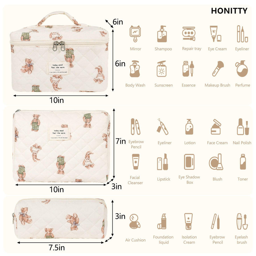 Honitty three piece makeup bag set demonstrates versatile sizes for cosmetics and toiletries on trips.
