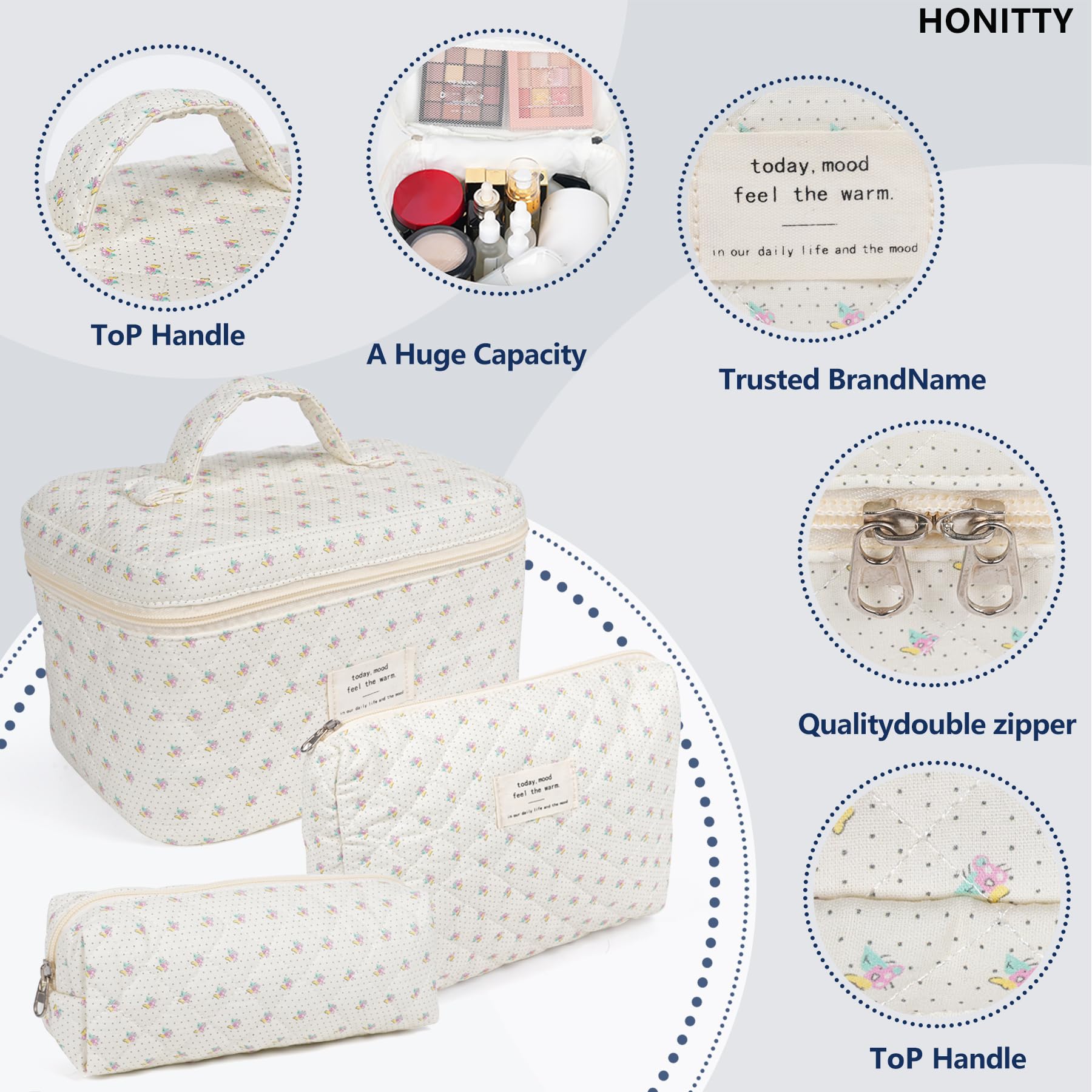 Honitty makeup bag set three pieces with varied sizes for sorting.