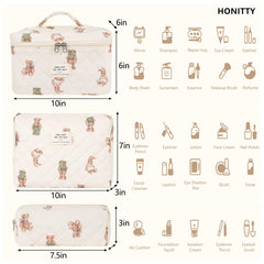 Honitty three piece makeup bag set demonstrates versatile sizes for cosmetics and toiletries on trips.