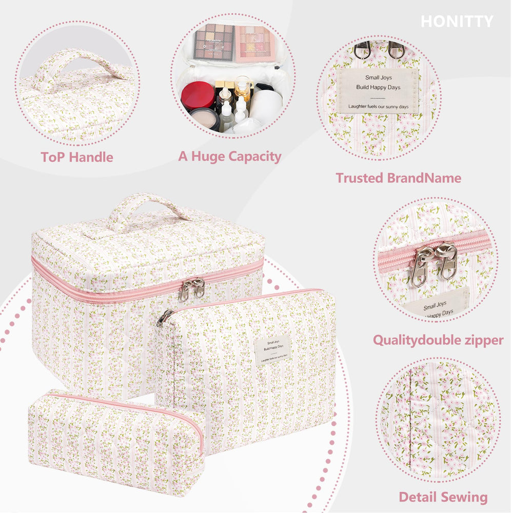 Honitty makeup bag set shown in three sizes for versatile organization.