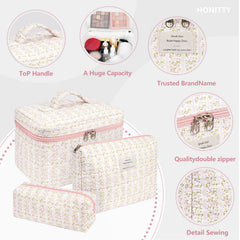 Honitty makeup bag set shown in three sizes for versatile organization.