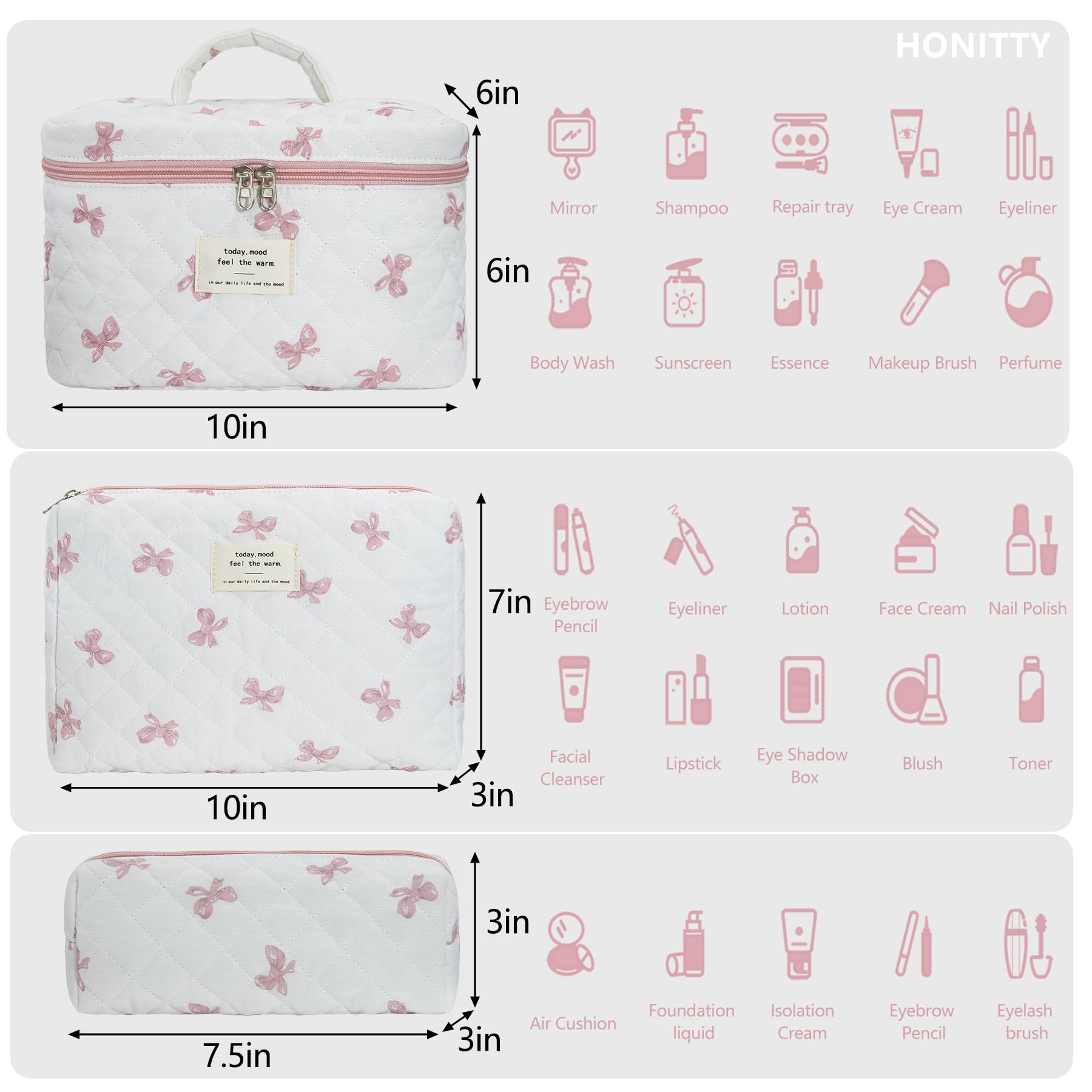 Honitty makeup bag three-piece set sizes, perfect for sorting skincare and cosmetics.