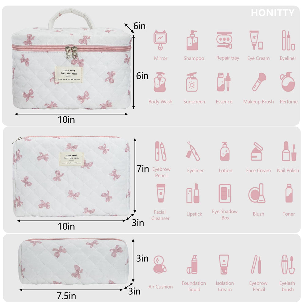 Honitty makeup bag three-piece set sizes, perfect for sorting skincare and cosmetics.