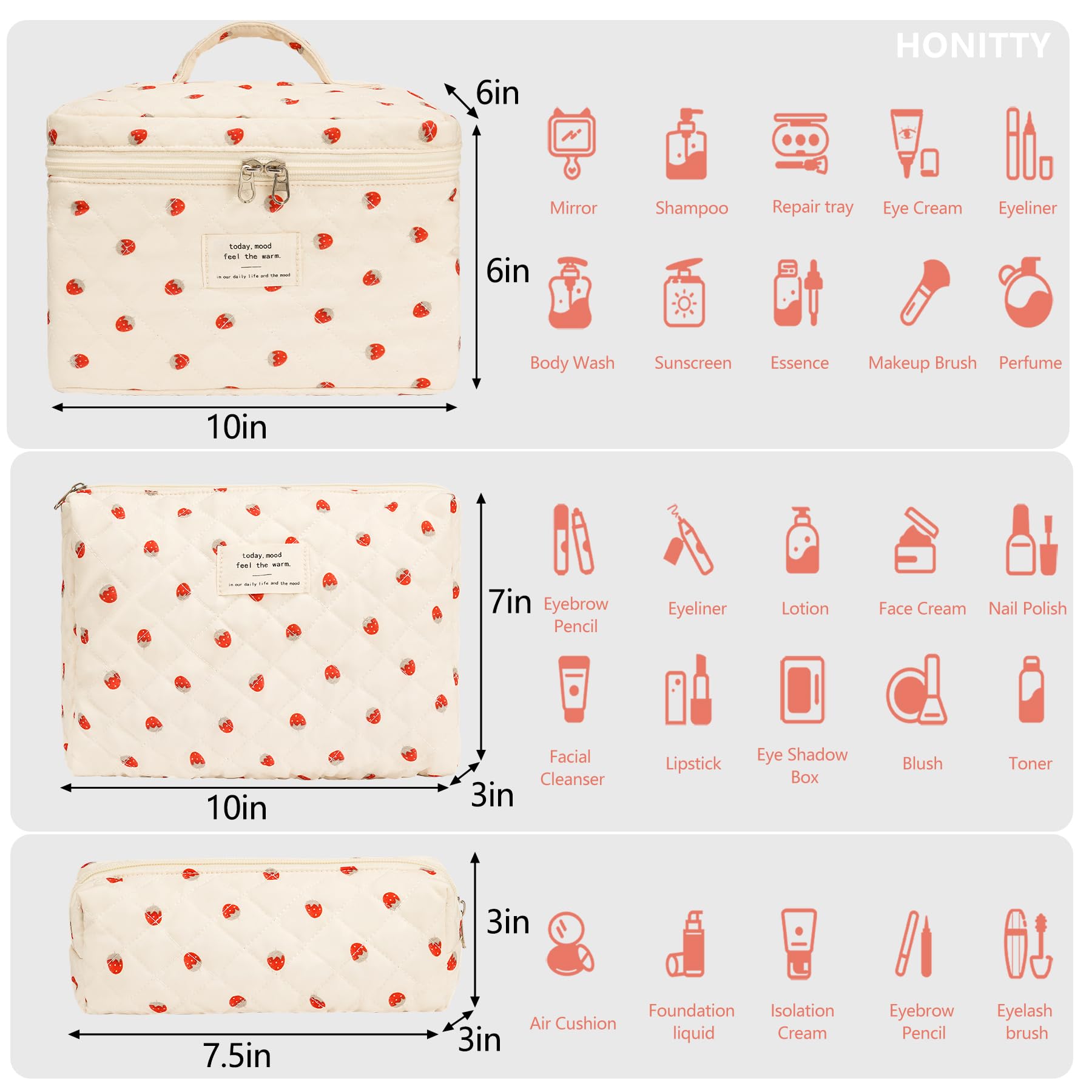 Honitty three-piece floral makeup bag set for sorting cosmetics.