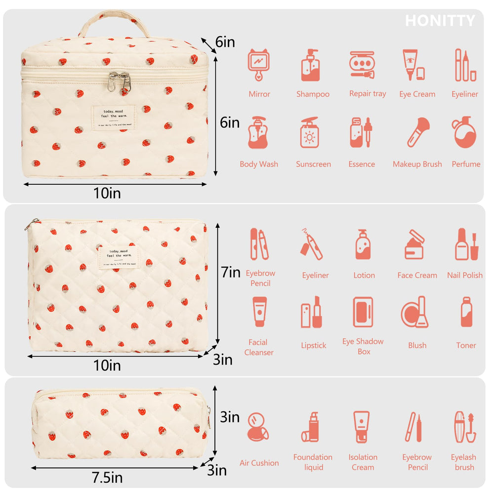 Honitty three-piece floral makeup bag set for sorting cosmetics.