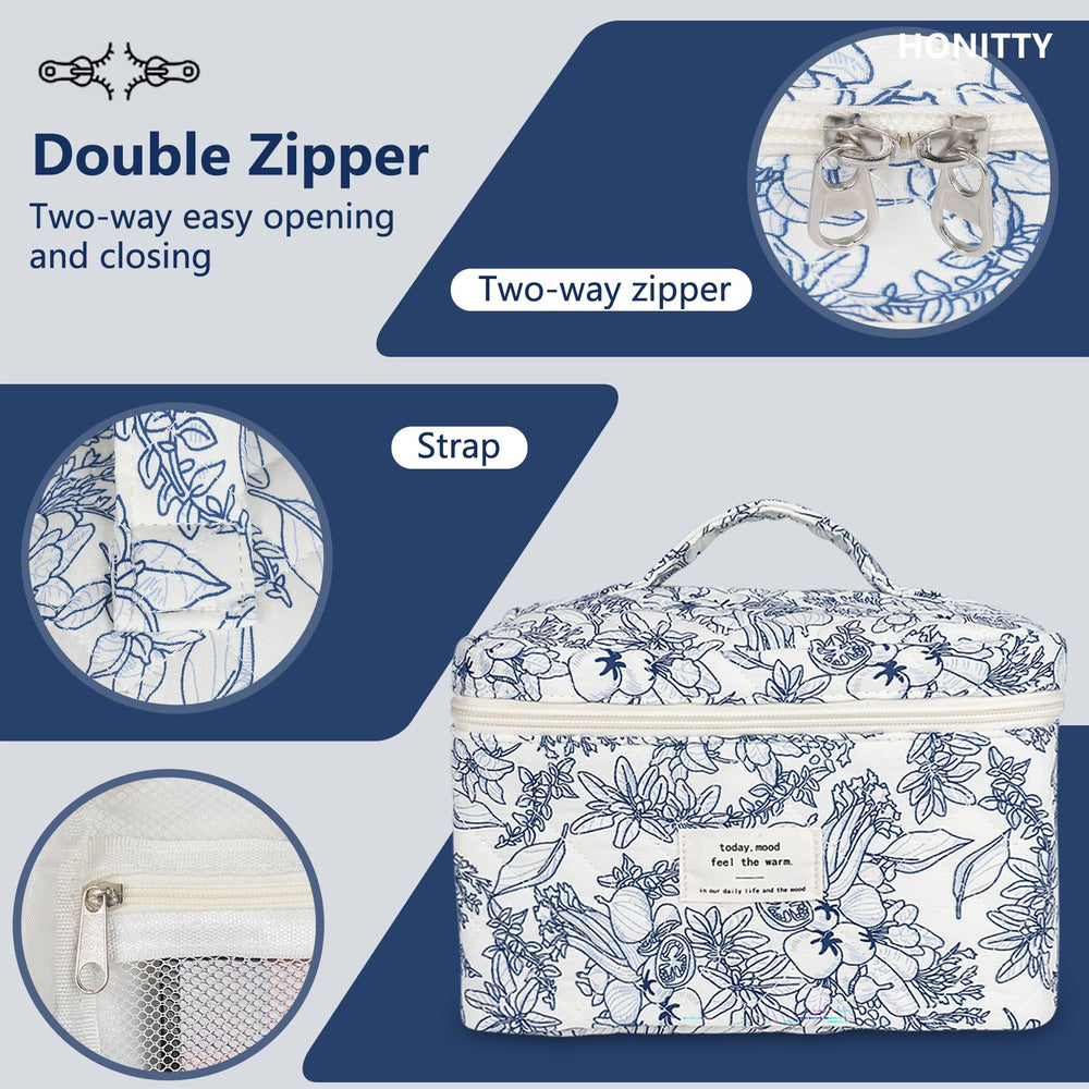 Honitty makeup bag travel closeup highlights lightweight fabric for easy packing