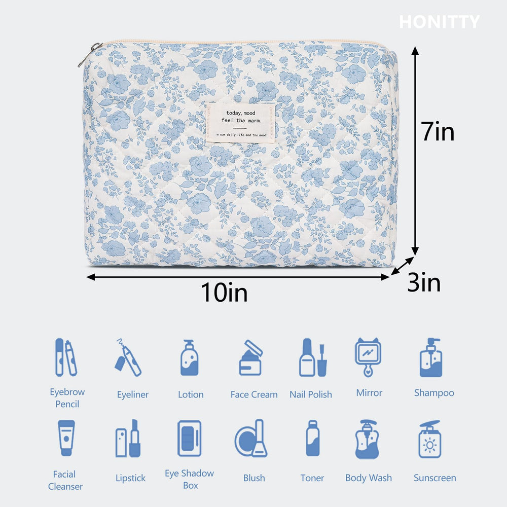 Honitty quilted cosmetic bag with large floral design stores essentials neatly for daily routines.