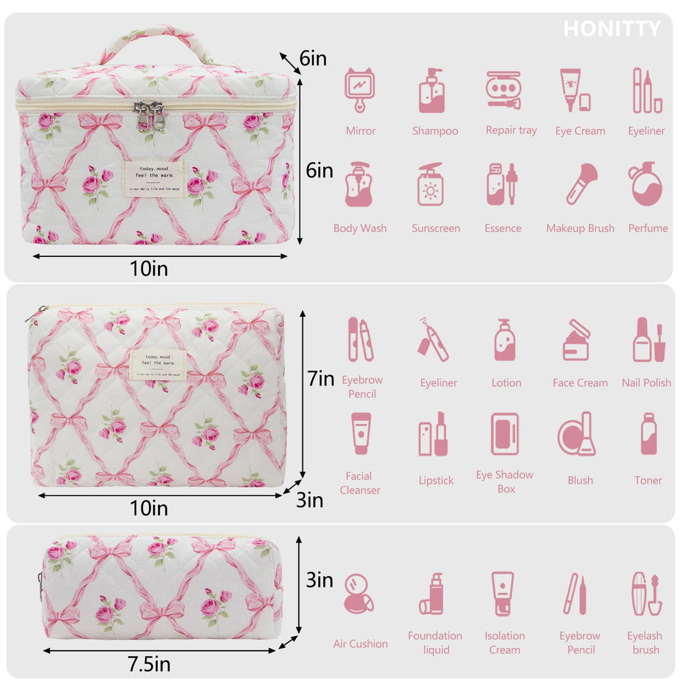 honitty quilted cosmetic bag open inside shows compartments for skincare and makeup.