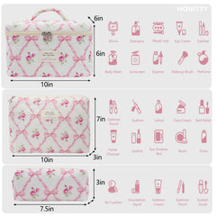 honitty quilted cosmetic bag open inside shows compartments for skincare and makeup.