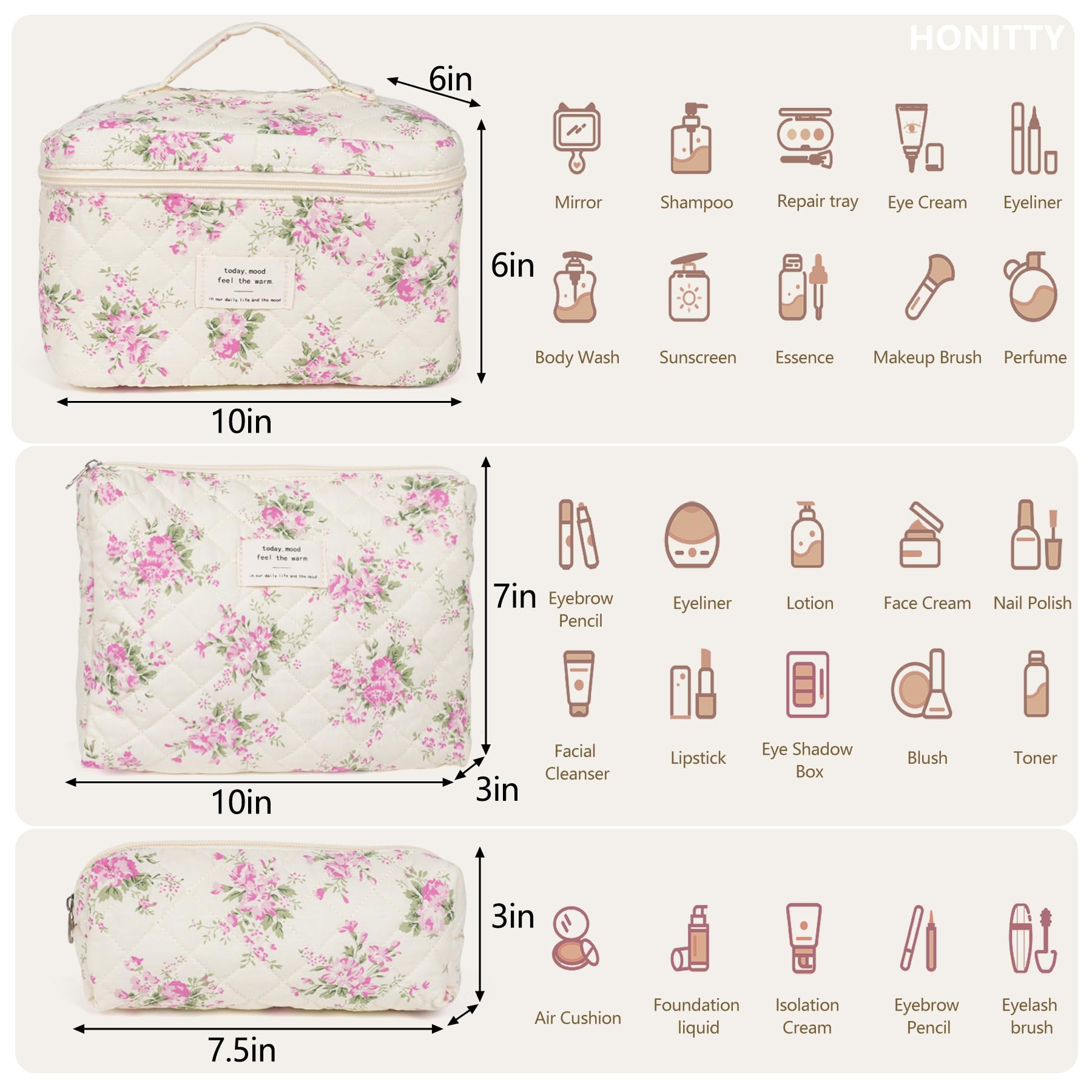 Honitty quilted cosmetic bags set 3-piece demonstrates versatile sizes for travel organization