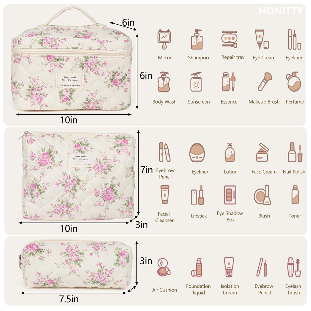 Honitty quilted cosmetic bags set 3-piece demonstrates versatile sizes for travel organization