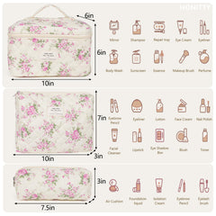 Honitty quilted cosmetic bags set 3-piece demonstrates versatile sizes for travel organization