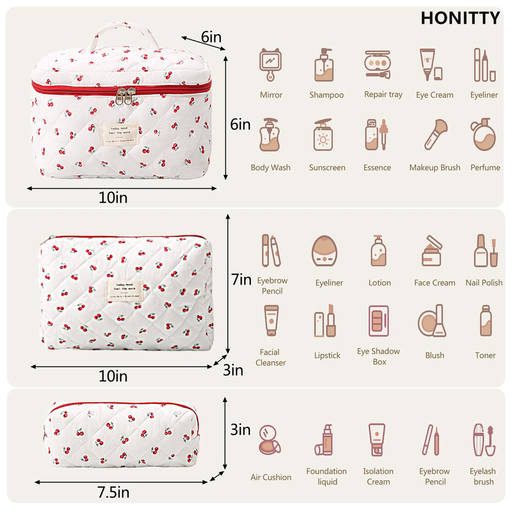 Honitty quilted cosmetic bags, three-piece set, top view, ideal for sorting items by size.