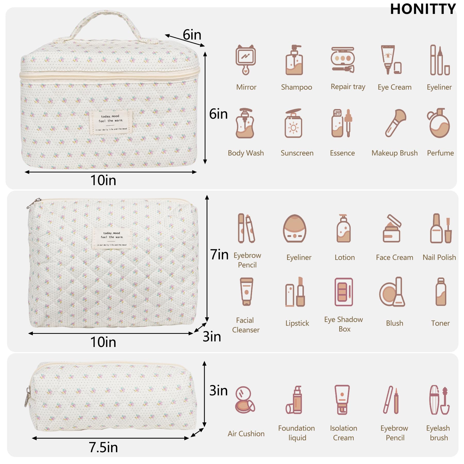 Honitty quilted cosmetic bags with durable travel-ready design.