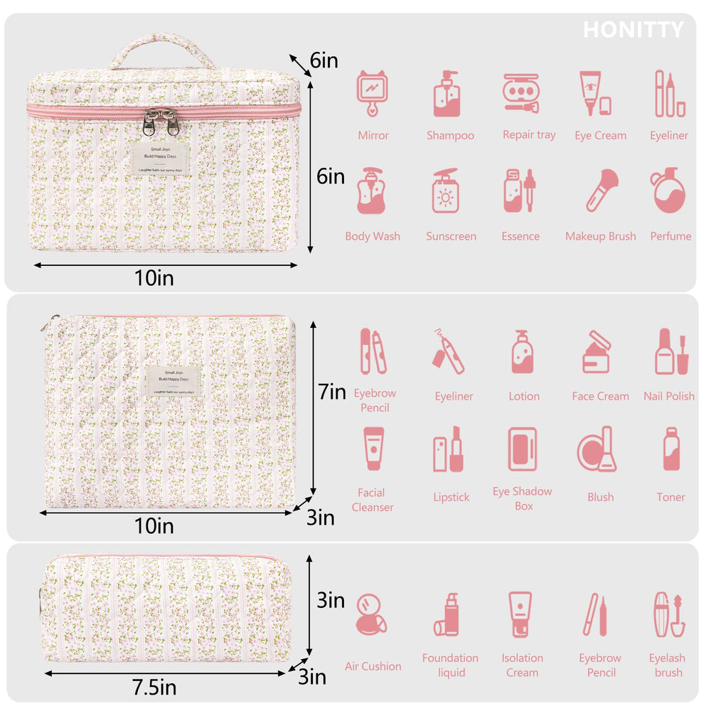 Honitty quilted cosmetics bag with soft fabric for daily use.