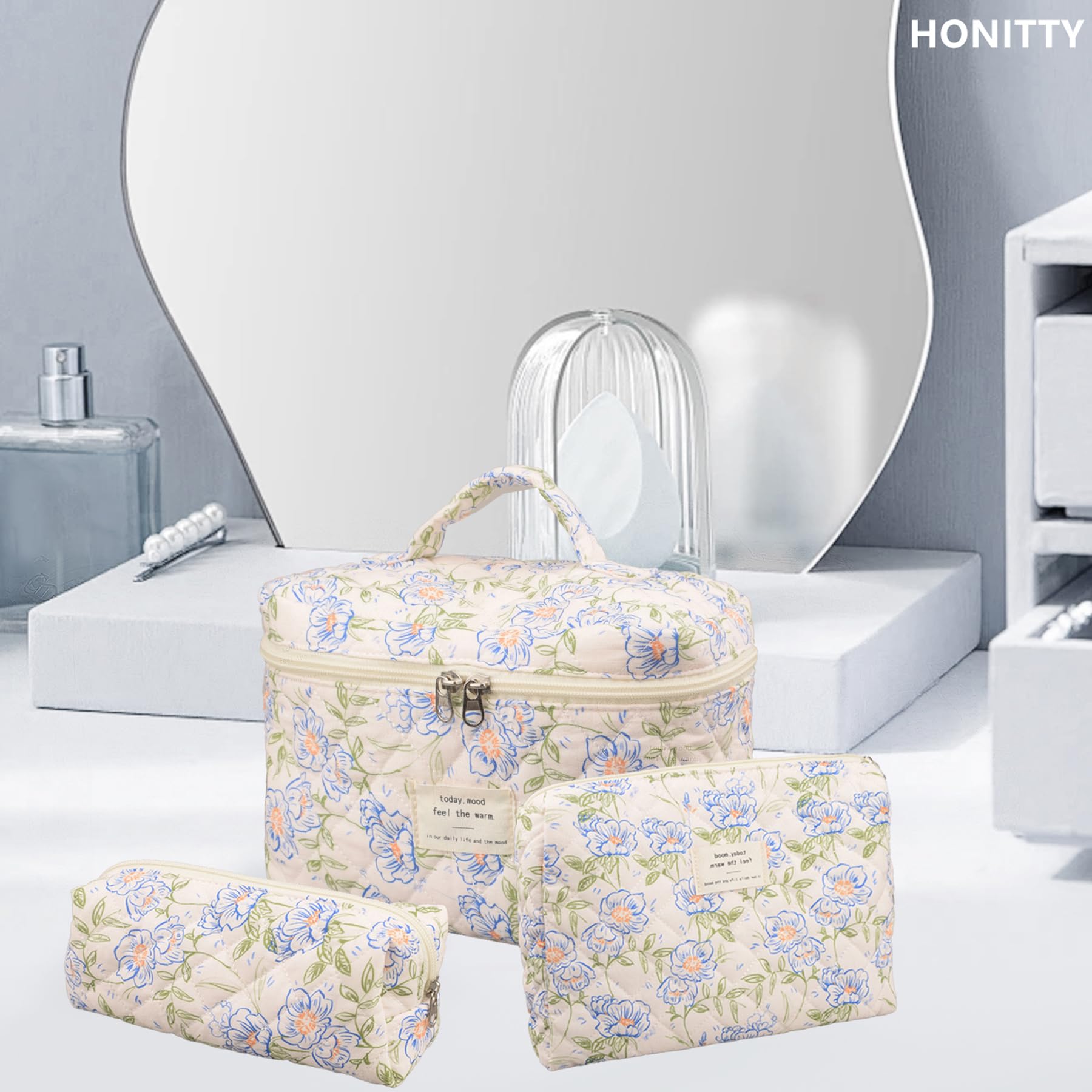 Honitty soft fabric travel cosmetic bag is lightweight and foldable.