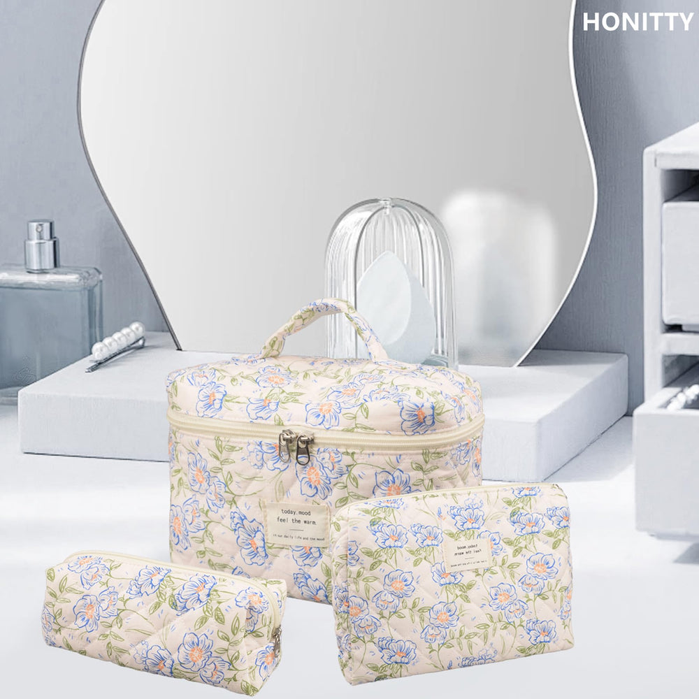 Honitty soft fabric travel cosmetic bag is lightweight and foldable.