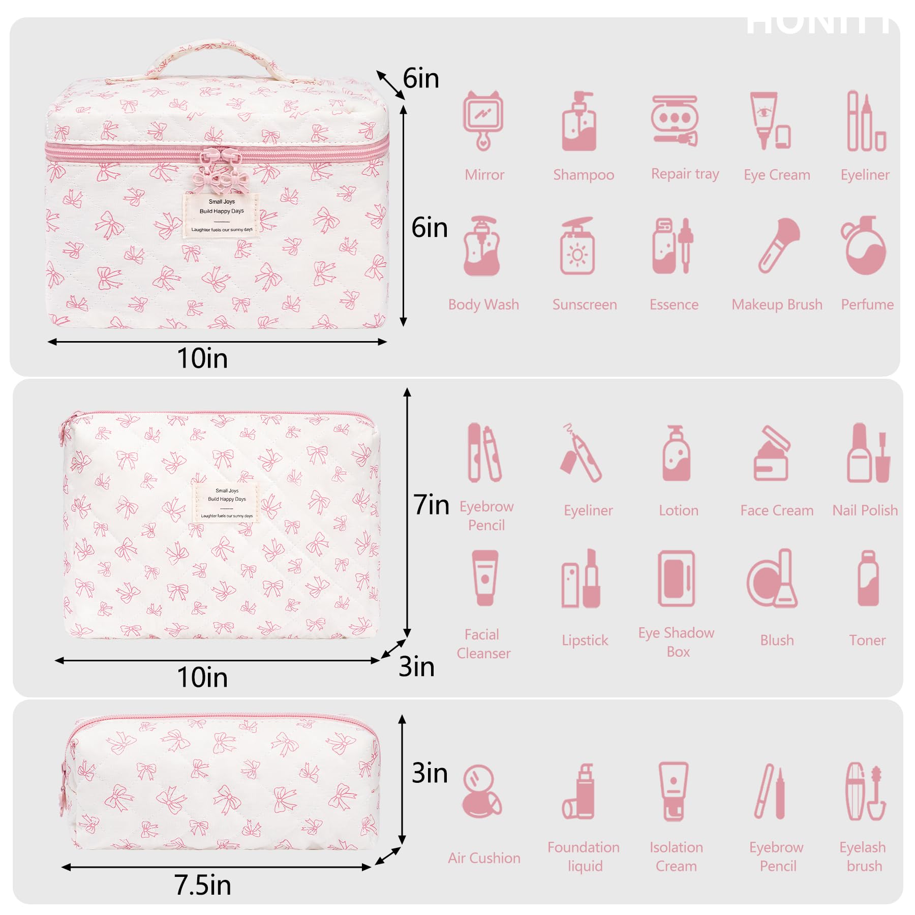 Honitty three-piece makeup bag set stacked neatly for easy packing.