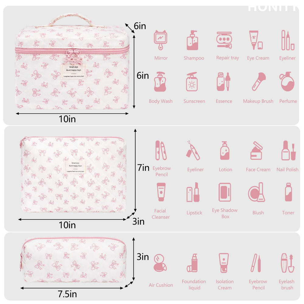 Honitty three-piece makeup bag set stacked neatly for easy packing.