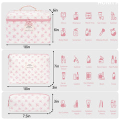 Honitty three-piece makeup bag set stacked neatly for easy packing.