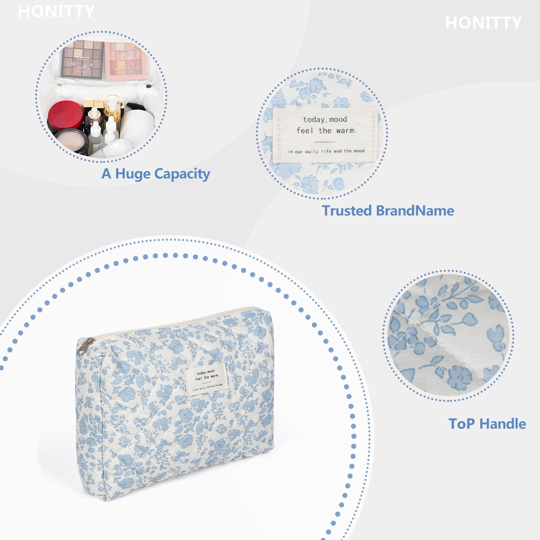 Honitty travel-friendly makeup pouch in soft fabric fits in luggage easily.